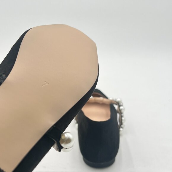 XYD Black Suede Bead Strap Ballet Flats Square Toe Mary Jane Slip On Dress Shoes - Picture 6 of 8